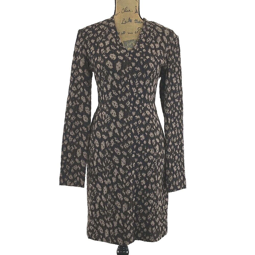 NWT Yigal Azrouel Dress 10 Black Brown Sepia Geo Dot Long Sl Flattering Knit